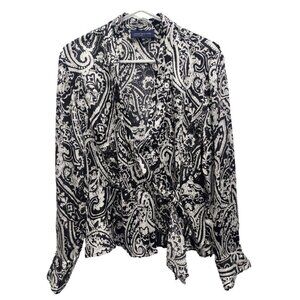 Jones New York Womens Wrap Blouse Top Size Large Black White Paisley Long Sleeve